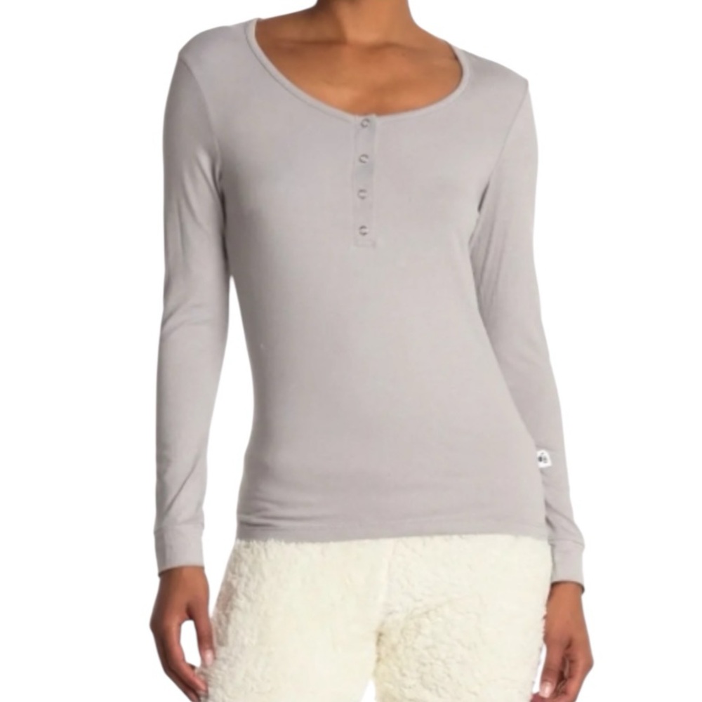 Bearpaw Henley Scoop Neck Long Sleeve Pajama Top Gray